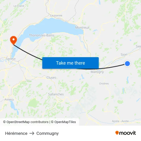 Hérémence to Commugny map