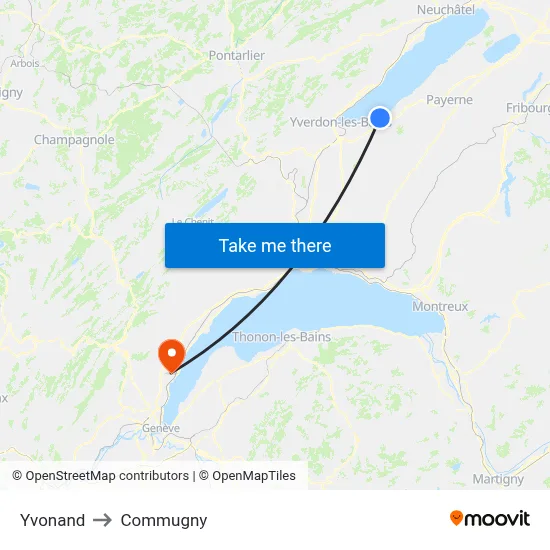 Yvonand to Commugny map