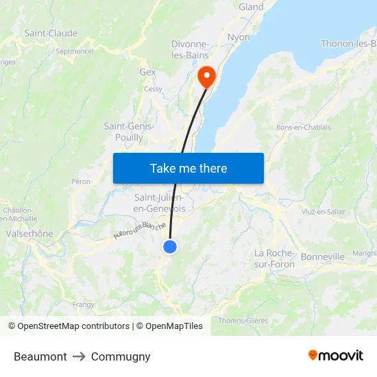 Beaumont to Commugny map