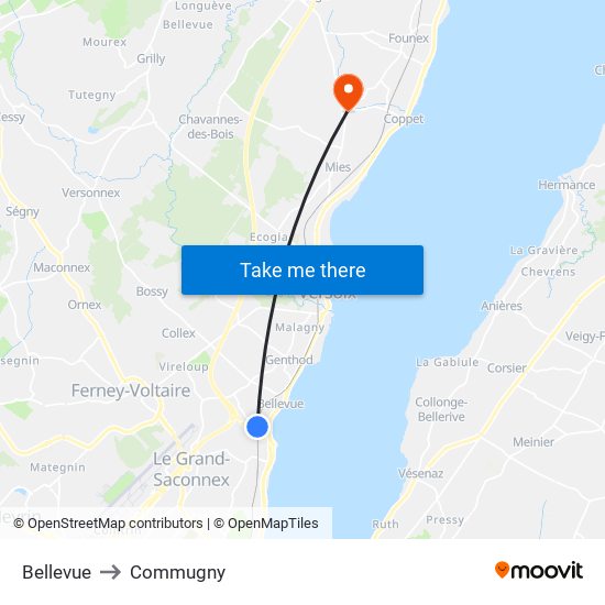 Bellevue to Commugny map