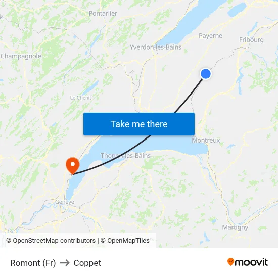 Romont (Fr) to Coppet map