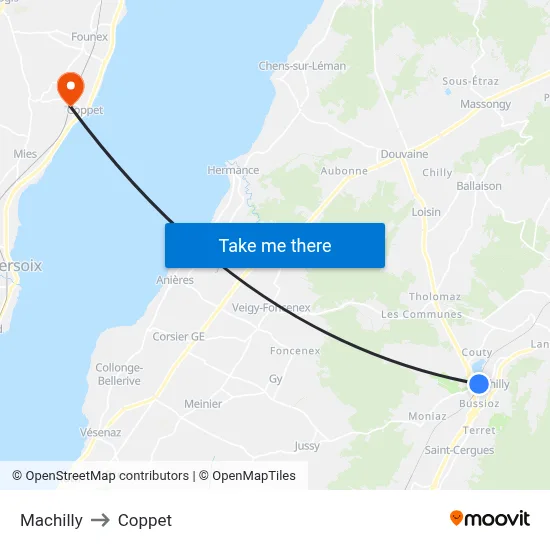 Machilly to Coppet map