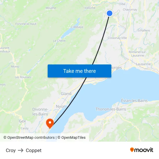 Croy to Coppet map