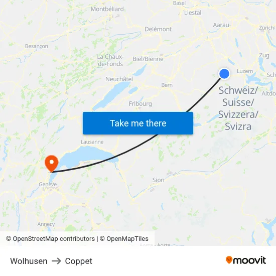 Wolhusen to Coppet map