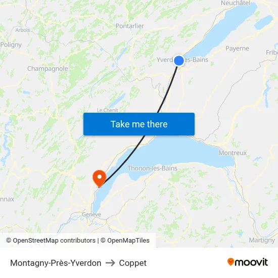 Montagny-Près-Yverdon to Coppet map