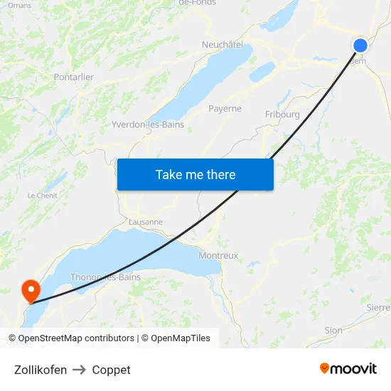 Zollikofen to Coppet map