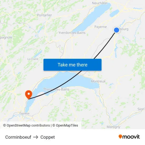 Corminboeuf to Coppet map