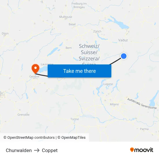Churwalden to Coppet map