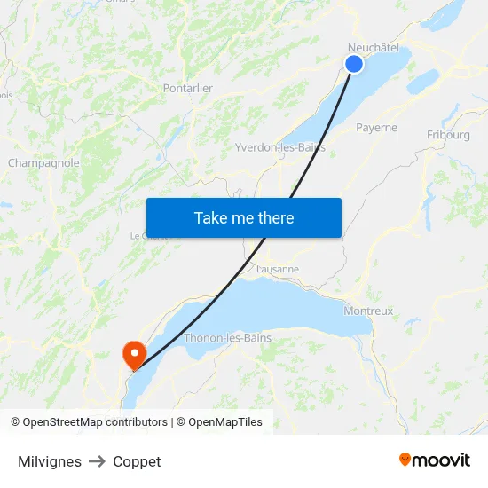 Milvignes to Coppet map