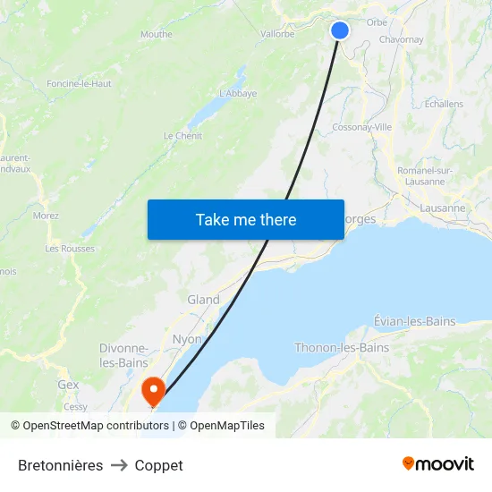 Bretonnières to Coppet map