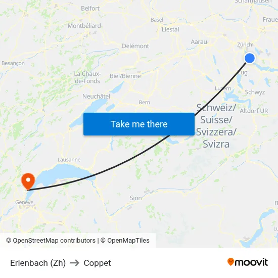 Erlenbach (Zh) to Coppet map