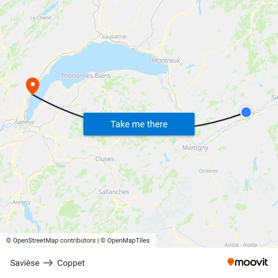 Savièse to Coppet map