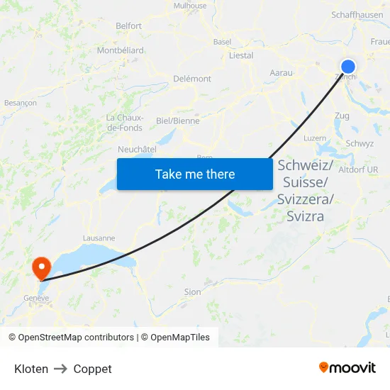 Kloten to Coppet map