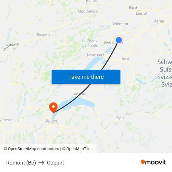 Romont (Be) to Coppet map