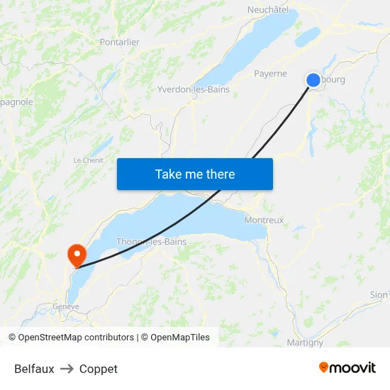 Belfaux to Coppet map