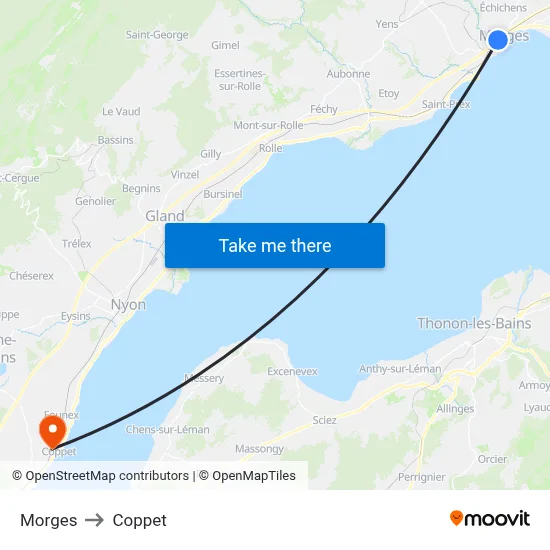 Morges to Coppet map