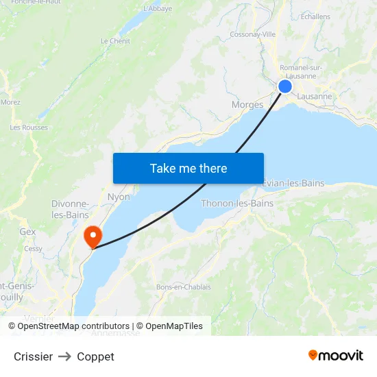 Crissier to Coppet map