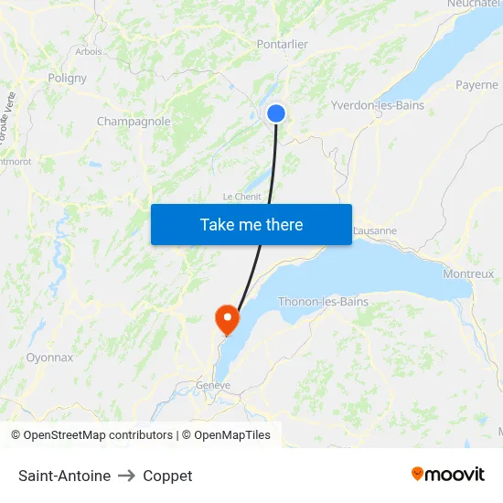 Saint-Antoine to Coppet map