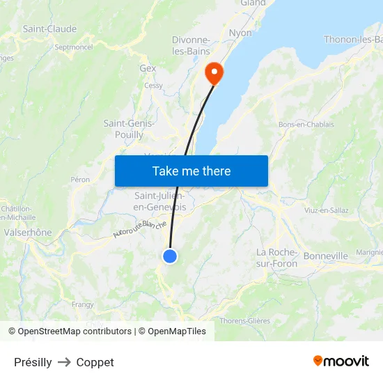 Présilly to Coppet map