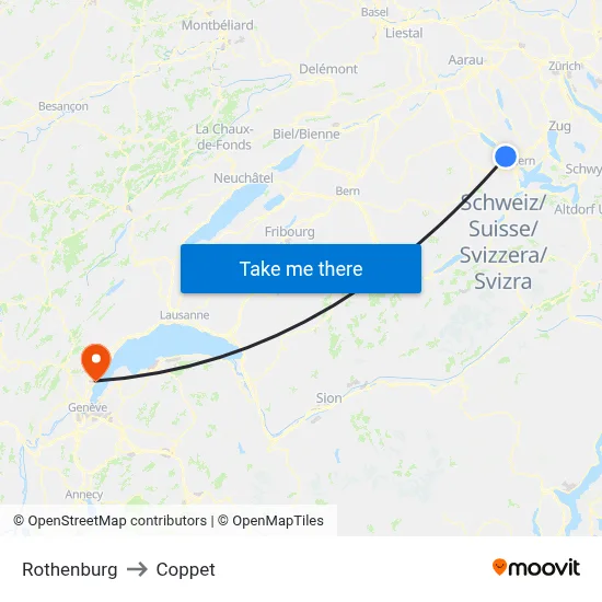 Rothenburg to Coppet map