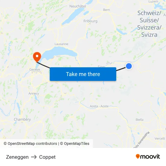 Zeneggen to Coppet map