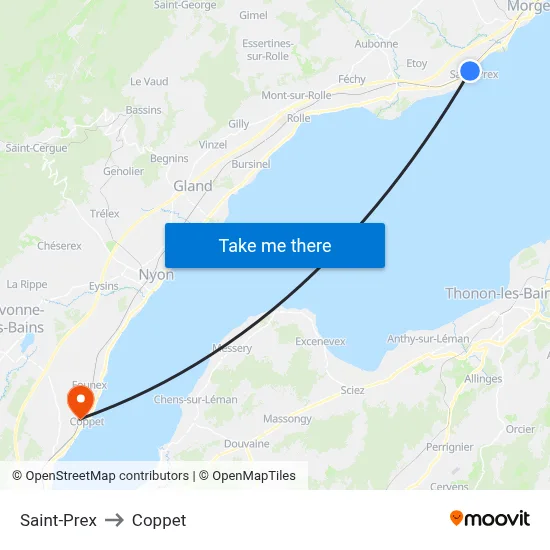 Saint-Prex to Coppet map