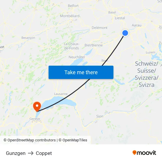 Gunzgen to Coppet map