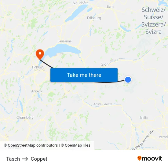 Täsch to Coppet map