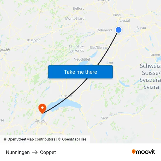 Nunningen to Coppet map