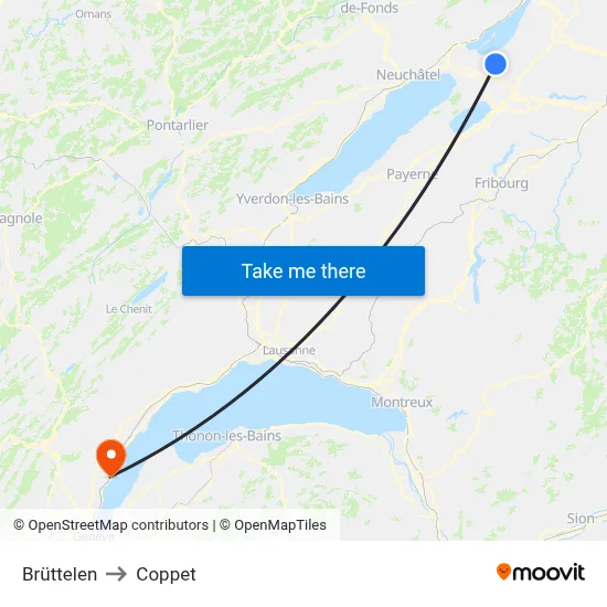 Brüttelen to Coppet map