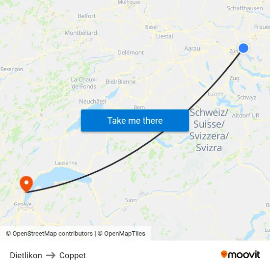 Dietlikon to Coppet map