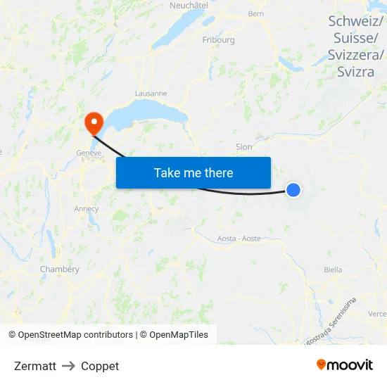 Zermatt to Coppet map