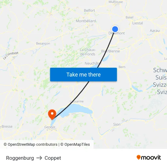 Roggenburg to Coppet map