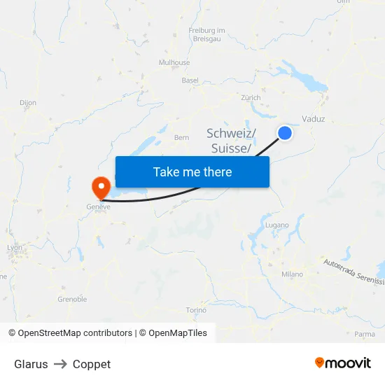 Glarus to Coppet map