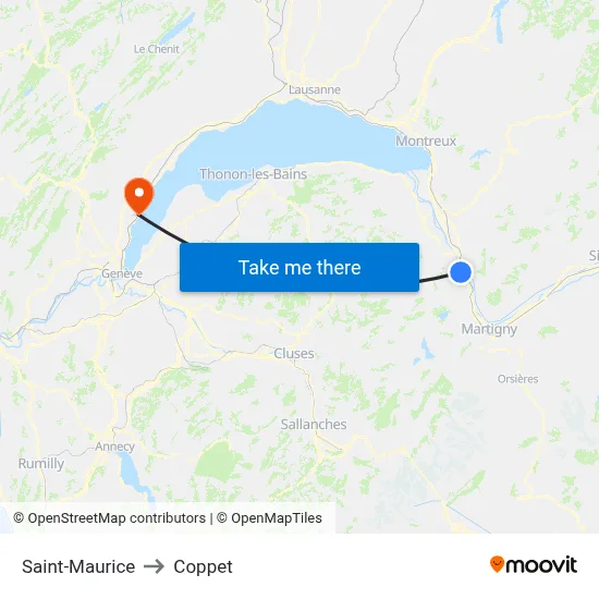 Saint-Maurice to Coppet map