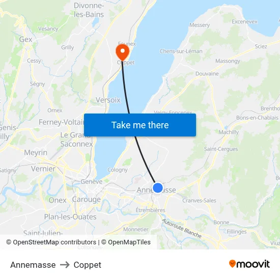 Annemasse to Coppet map