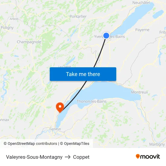 Valeyres-Sous-Montagny to Coppet map