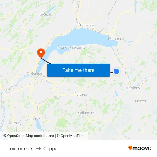 Troistorrents to Coppet map