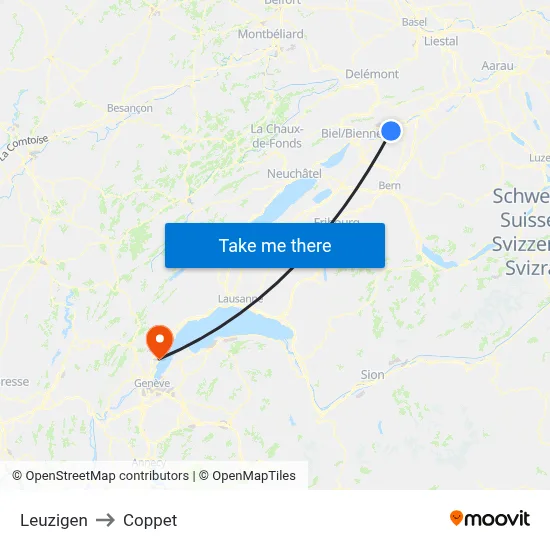 Leuzigen to Coppet map