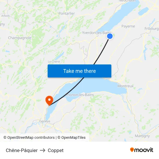 Chêne-Pâquier to Coppet map