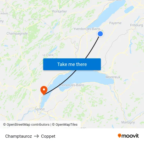 Champtauroz to Coppet map