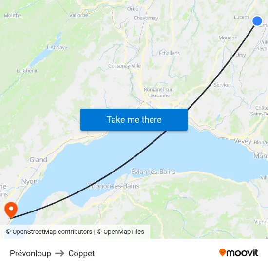 Prévonloup to Coppet map