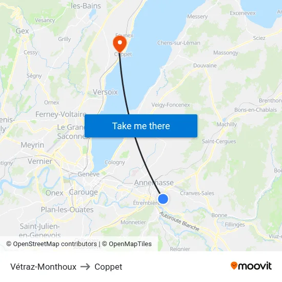 Vétraz-Monthoux to Coppet map