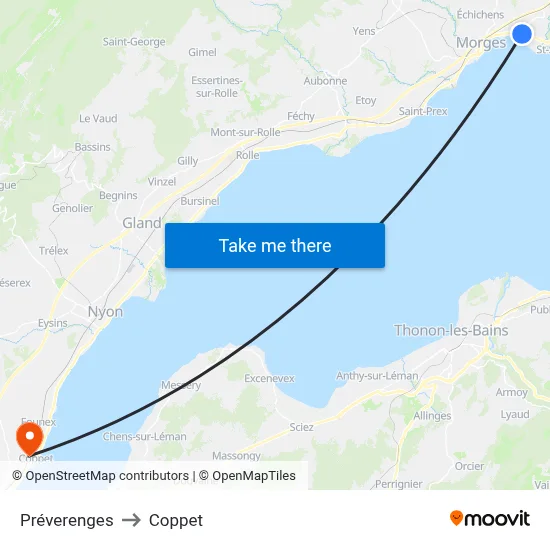 Préverenges to Coppet map