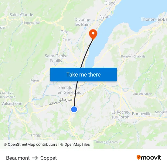 Beaumont to Coppet map