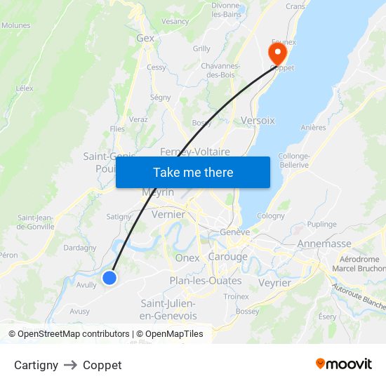 Cartigny to Coppet map