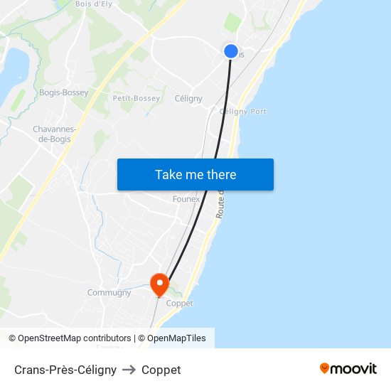Crans-Près-Céligny to Coppet map