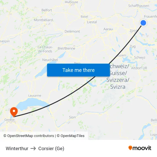 Winterthur to Corsier (Ge) map