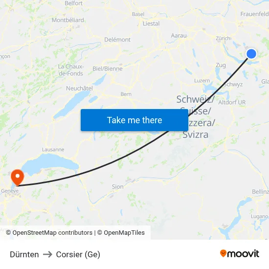 Dürnten to Corsier (Ge) map