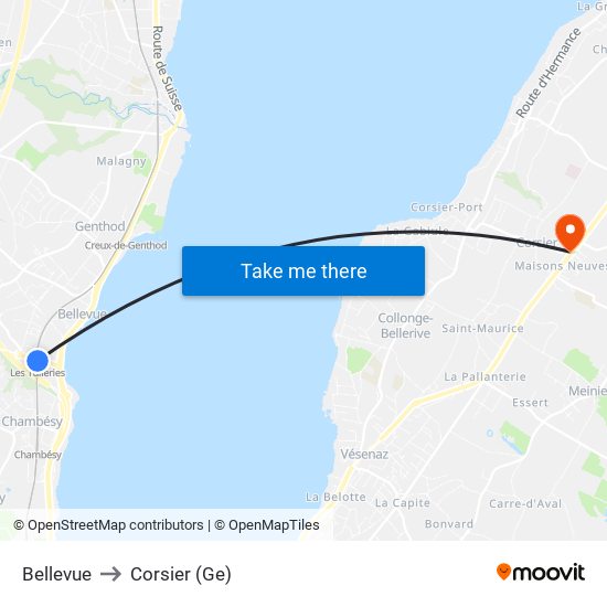 Bellevue to Corsier (Ge) map